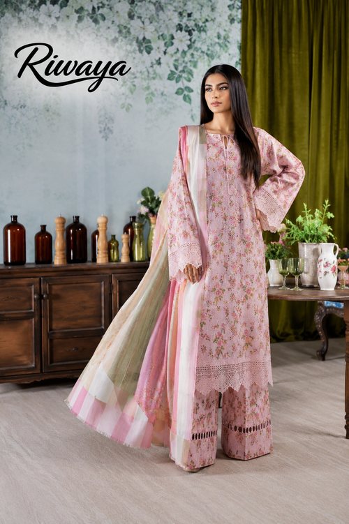 Blush Blossom Embroidered Lawn 3PC by Riwaya