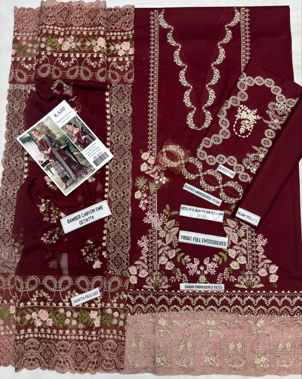 Maroon and Black Luxury Embroidered 3 Piece Lawn Suit
